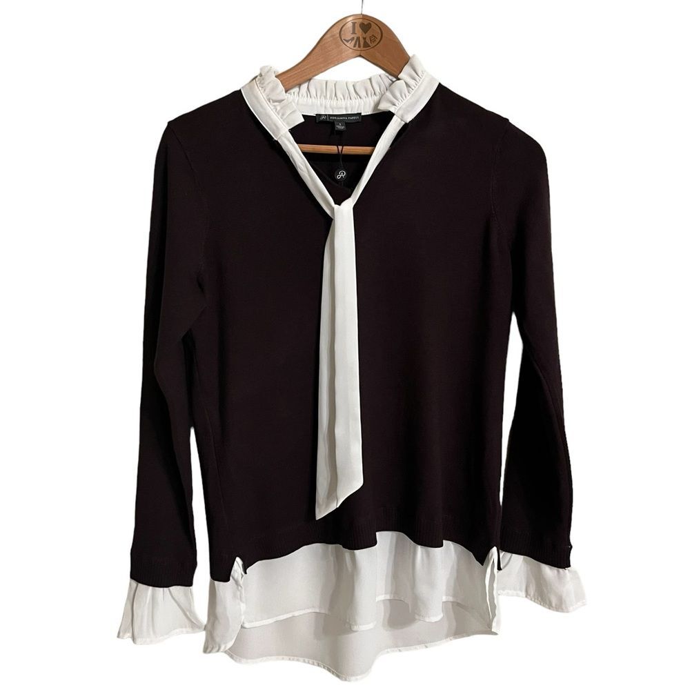 Adrianna Papell Deep Chocolate Brown Ivory Ruffle Tie Sweater. Size S
